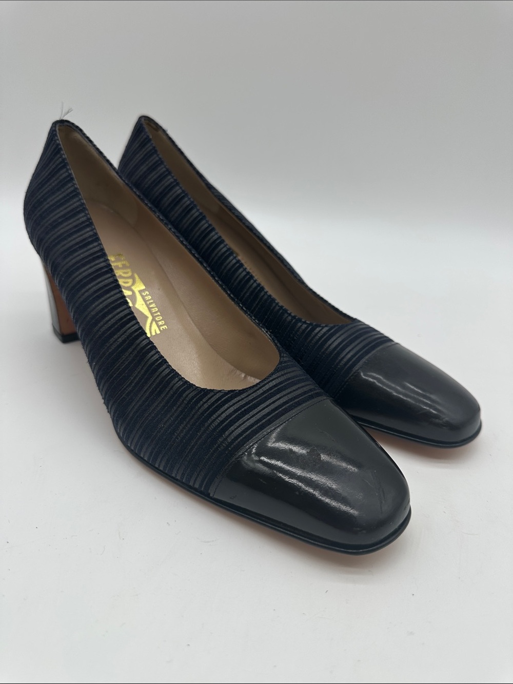 Salvatore Ferragamo Navy Striped Pumps with Black Cap Toe